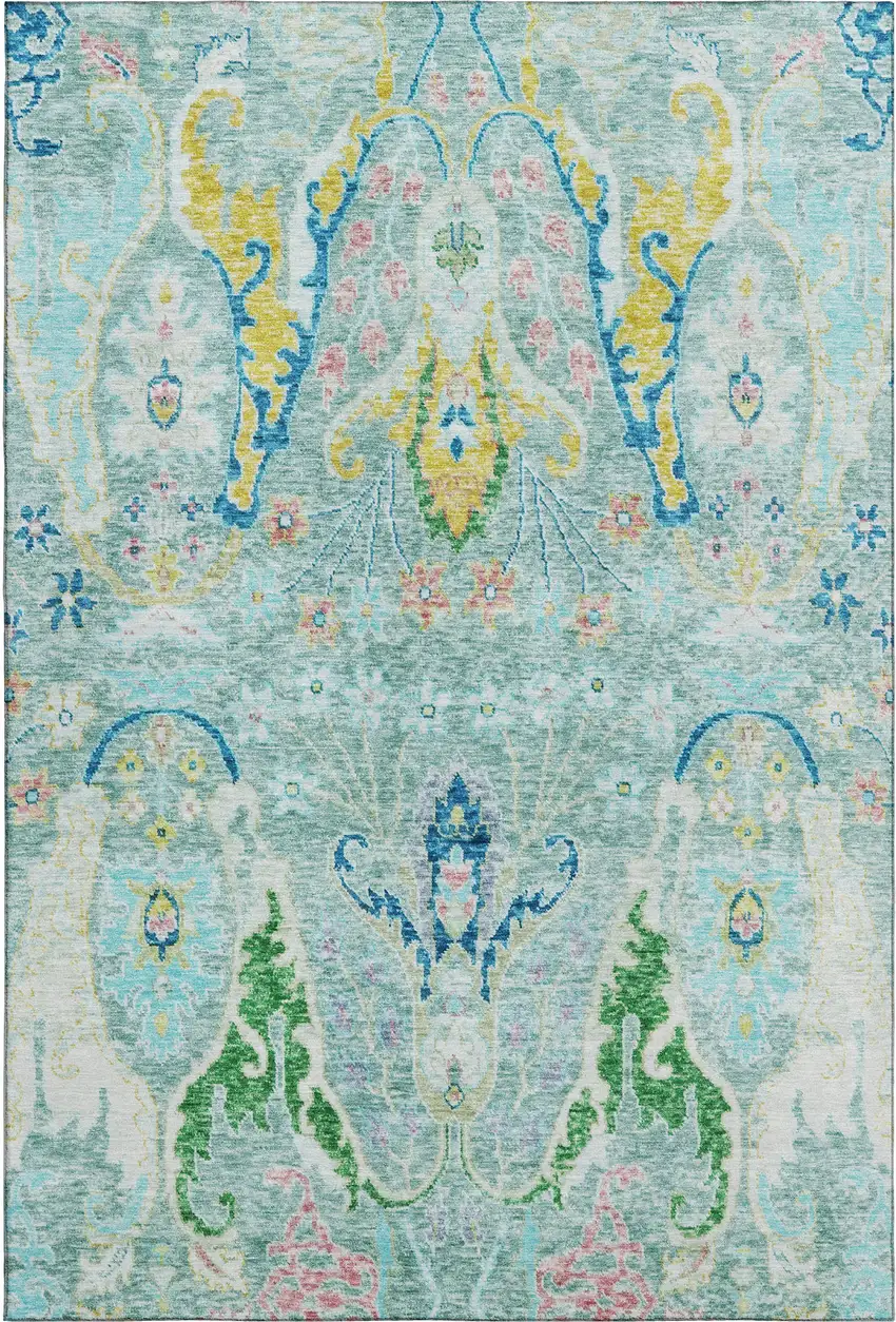 Teal Gold And Blue Floral Washable Area Rug With UV Protection Photo 1