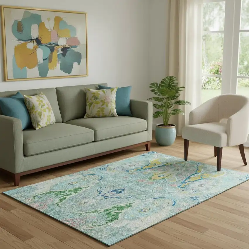 Teal Gold And Blue Floral Washable Area Rug With UV Protection Photo 2