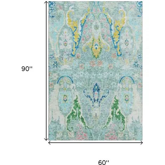 Teal Gold And Blue Floral Washable Area Rug With UV Protection Photo 8