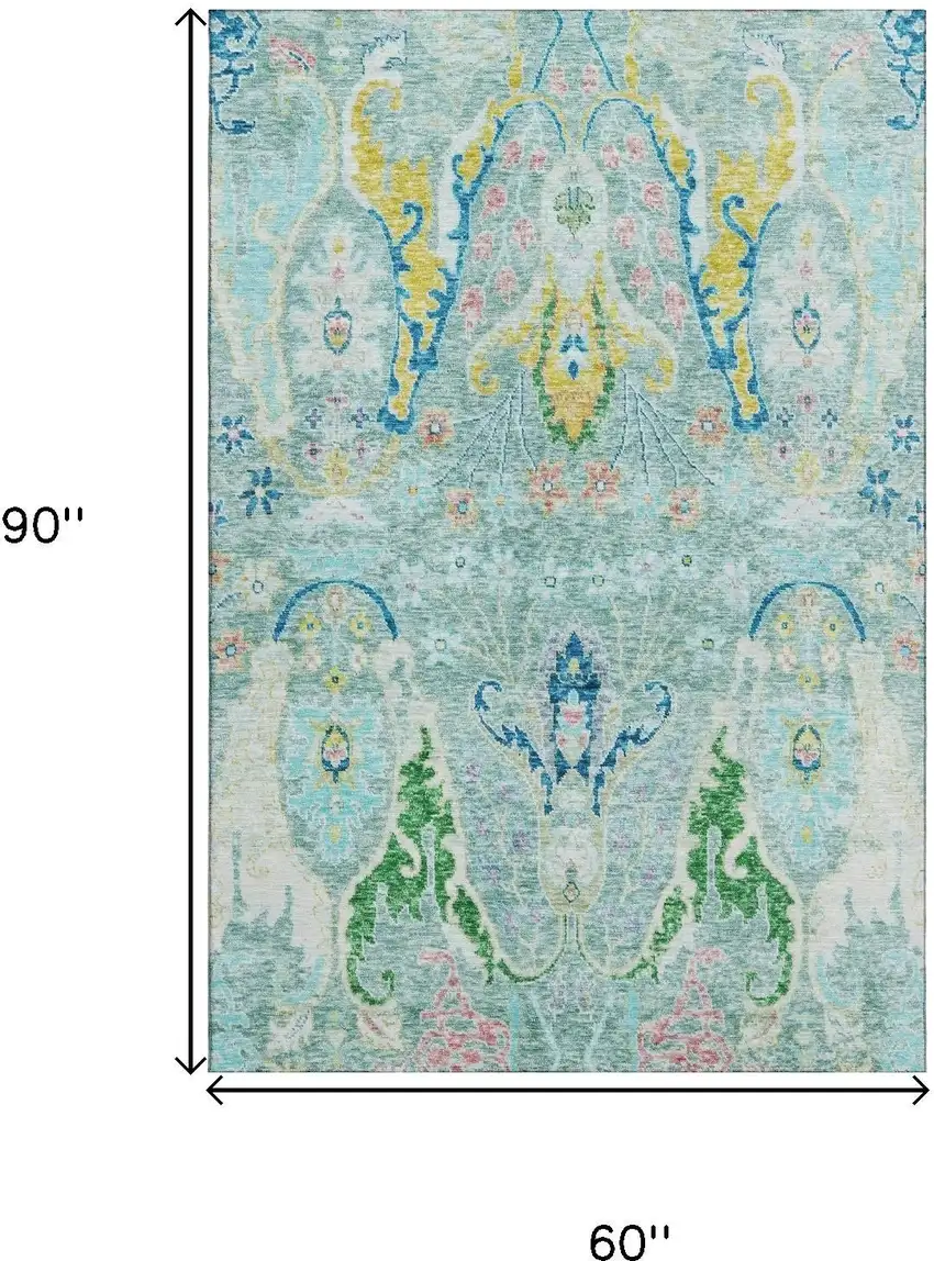 Teal Gold And Blue Floral Washable Area Rug With UV Protection Photo 8