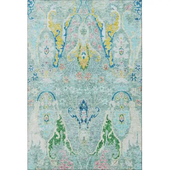 Teal Gold And Blue Floral Washable Area Rug With UV Protection Photo 3