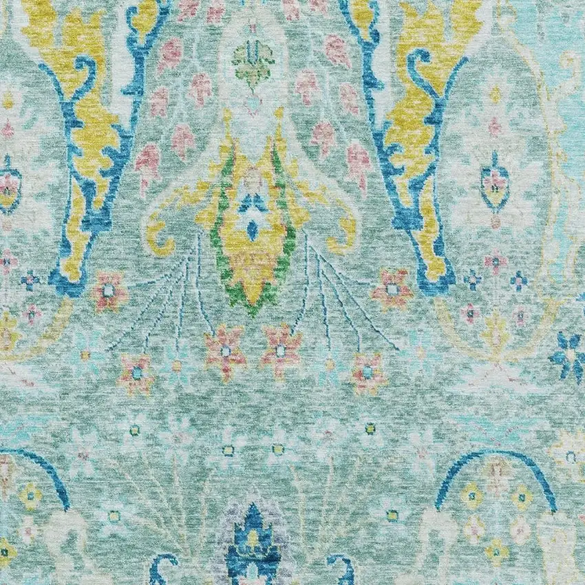 Teal Gold And Blue Floral Washable Area Rug With UV Protection Photo 3