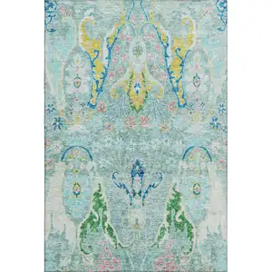 Photo of Teal Gold And Blue Floral Washable Area Rug With UV Protection