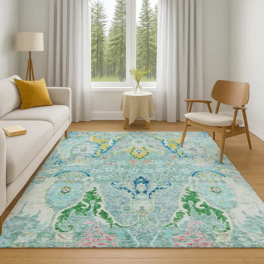 Teal Gold And Blue Floral Washable Area Rug With UV Protection Photo 6