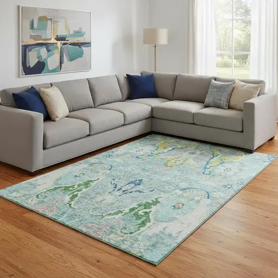 Teal Gold And Blue Floral Washable Area Rug With UV Protection Photo 2
