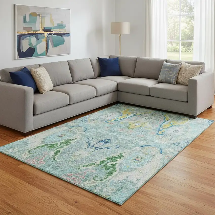 Teal Gold And Blue Floral Washable Area Rug With UV Protection Photo 2
