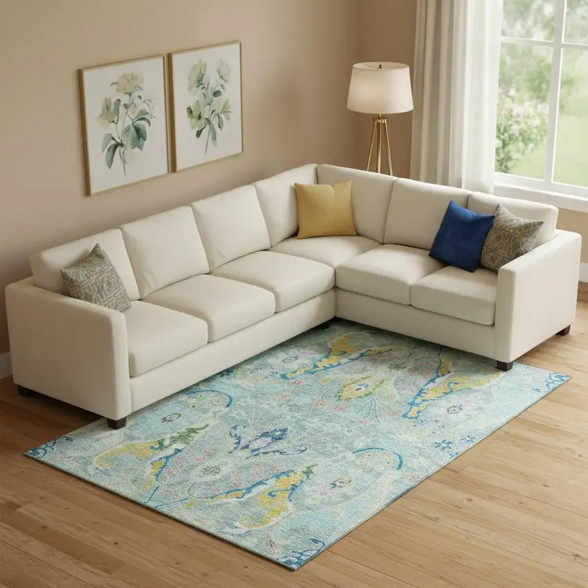 Teal Gold And Blue Floral Washable Area Rug With UV Protection Photo 2