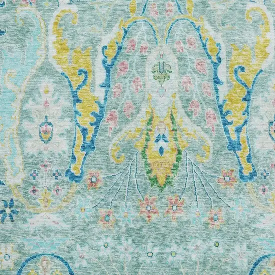 Teal Gold And Blue Floral Washable Area Rug With UV Protection Photo 3