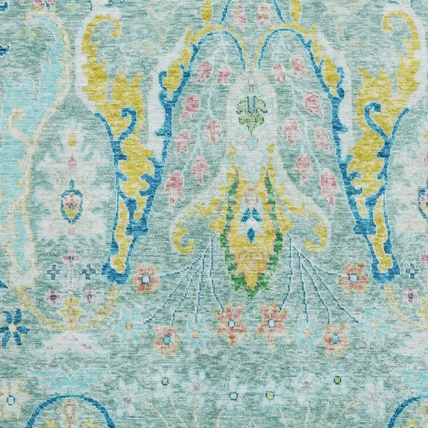 Teal Gold And Blue Floral Washable Area Rug With UV Protection Photo 3