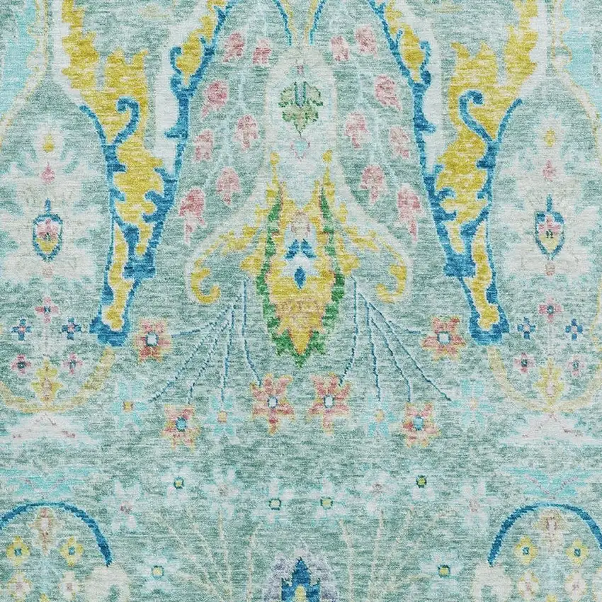 Teal Gold And Blue Floral Washable Area Rug With UV Protection Photo 3