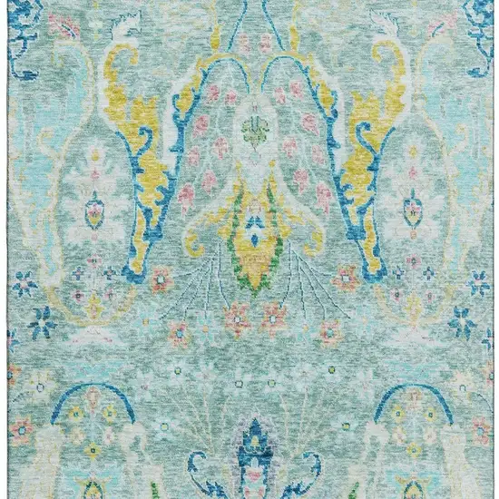 Teal Gold And Blue Floral Washable Area Rug With UV Protection Photo 4