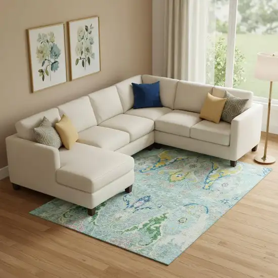 Teal Gold And Blue Floral Washable Area Rug With UV Protection Photo 2