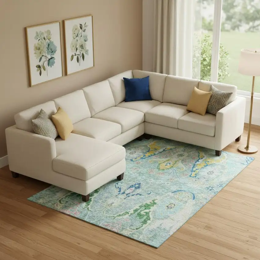 Teal Gold And Blue Floral Washable Area Rug With UV Protection Photo 2