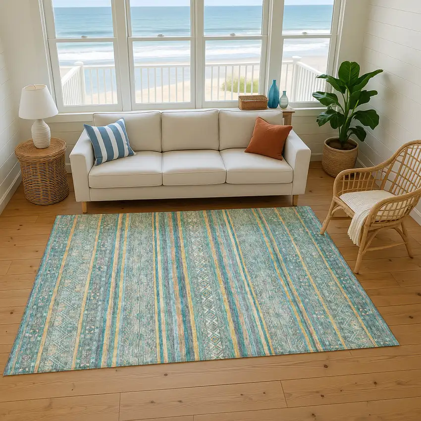 Teal Gold And Blue Striped Washable Area Rug With UV Protection Photo 4