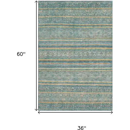 Teal Gold And Blue Striped Washable Area Rug With UV Protection Photo 9