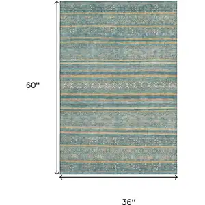 Photo of Teal Gold And Blue Striped Washable Area Rug With UV Protection
