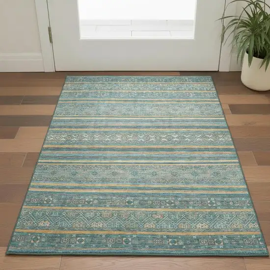 Teal Gold And Blue Striped Washable Area Rug With UV Protection Photo 2