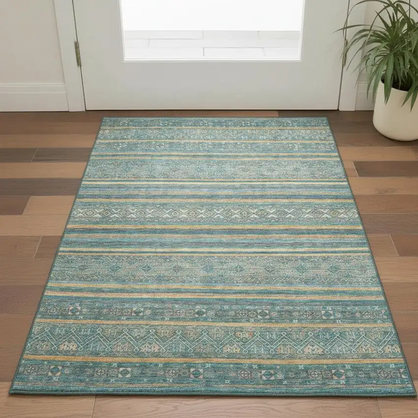 Teal Gold And Blue Striped Washable Area Rug With UV Protection Photo 2