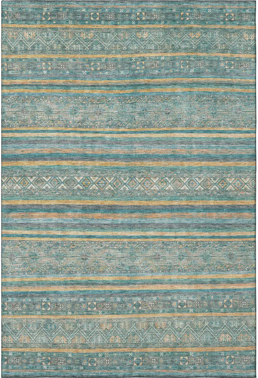 Teal Gold And Blue Striped Washable Area Rug With UV Protection Photo 2