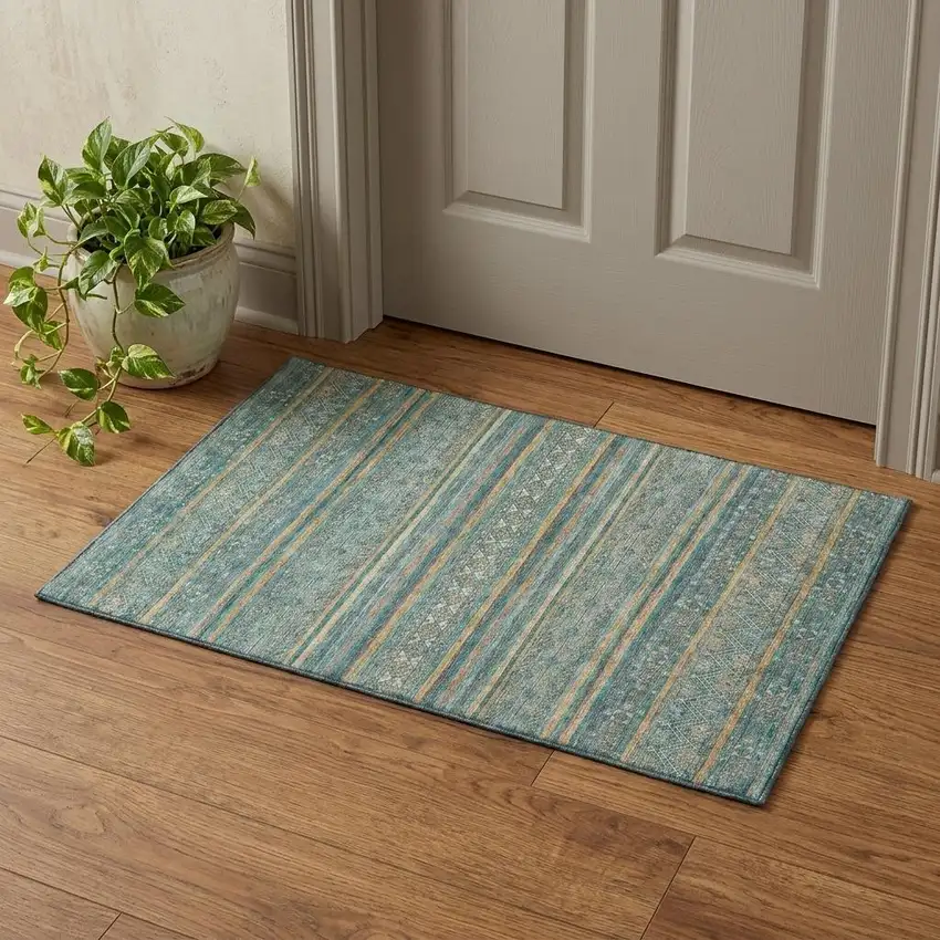 Teal Gold And Blue Striped Washable Area Rug With UV Protection Photo 1