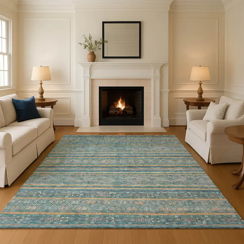 Teal Gold And Blue Striped Washable Area Rug With UV Protection Photo 3