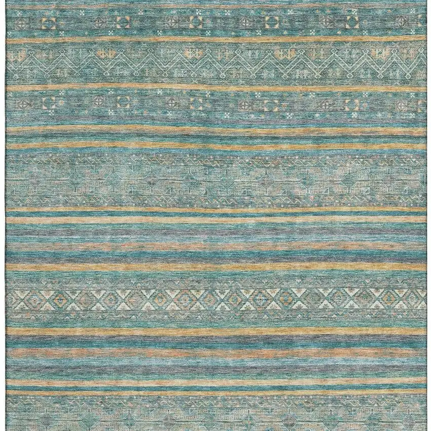 Teal Gold And Blue Striped Washable Area Rug With UV Protection Photo 3