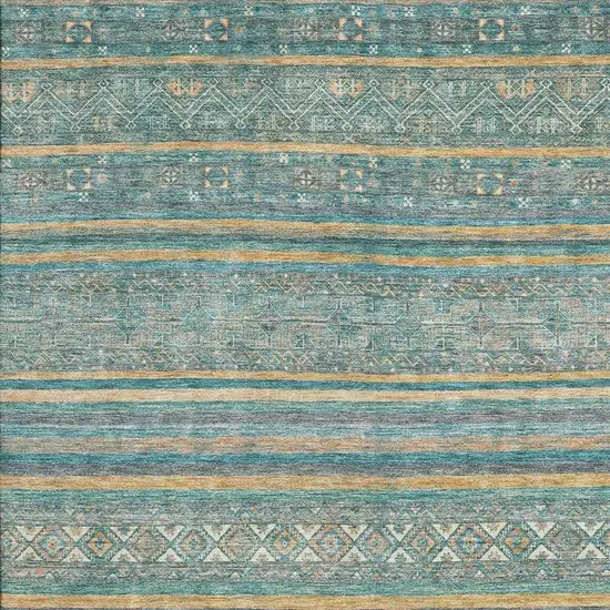 Teal Gold And Blue Striped Washable Area Rug With UV Protection Photo 2