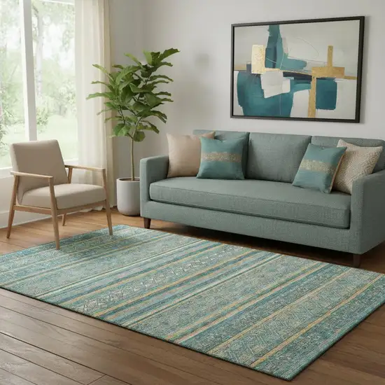 Teal Gold And Blue Striped Washable Area Rug With UV Protection Photo 2