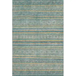 Photo of Teal Gold And Blue Striped Washable Area Rug With UV Protection