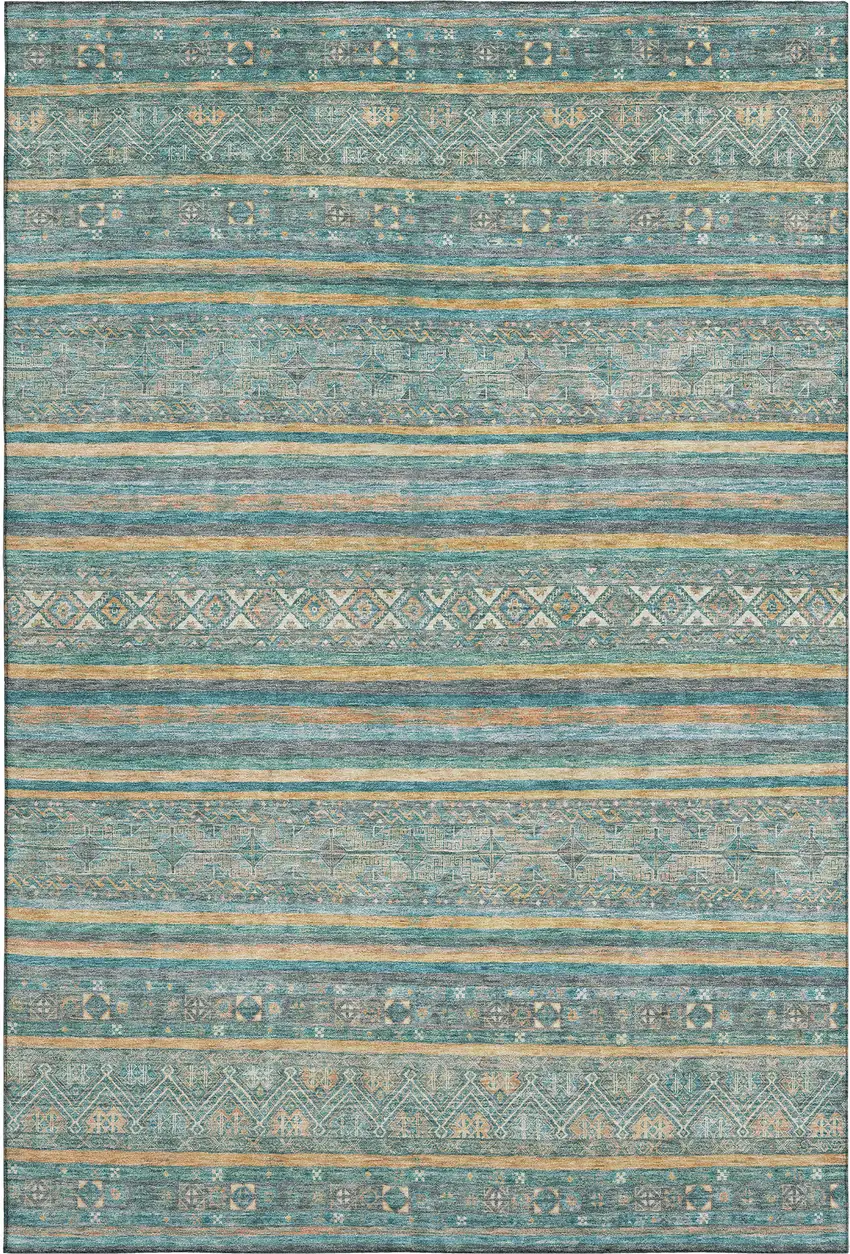 Teal Gold And Blue Striped Washable Area Rug With UV Protection Photo 1