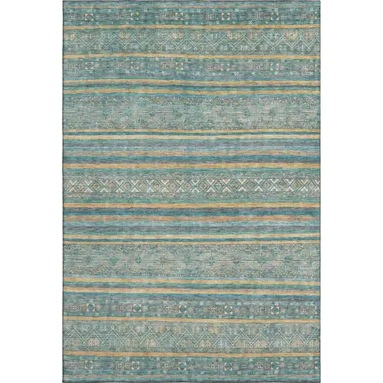 Teal Gold And Blue Striped Washable Area Rug With UV Protection Photo 1
