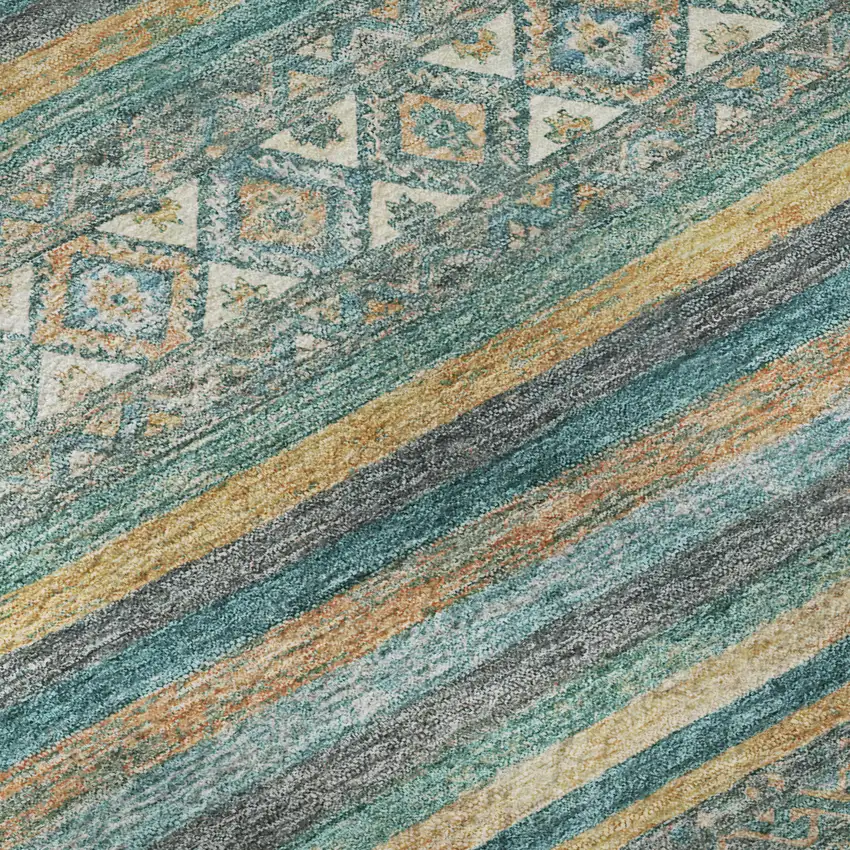 Teal Gold And Blue Striped Washable Area Rug With UV Protection Photo 9