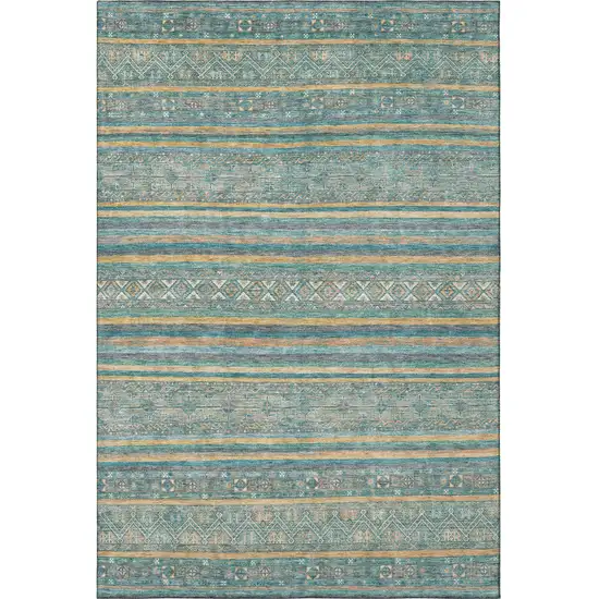 Teal Gold And Blue Striped Washable Area Rug With UV Protection Photo 3