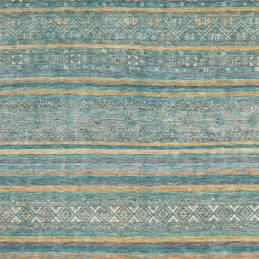 Teal Gold And Blue Striped Washable Area Rug With UV Protection Photo 2