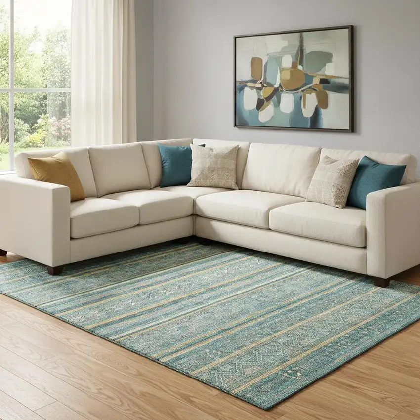 Teal Gold And Blue Striped Washable Area Rug With UV Protection Photo 2