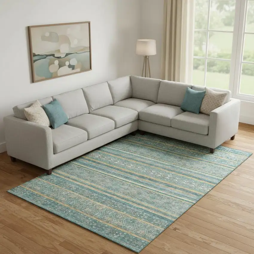 Teal Gold And Blue Striped Washable Area Rug With UV Protection Photo 2