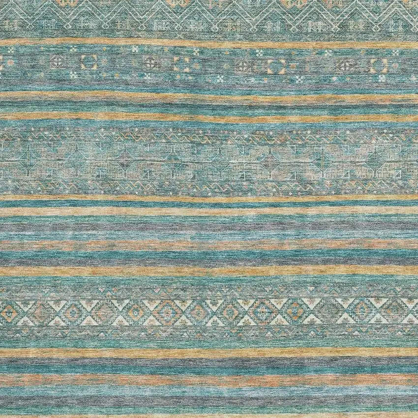 Teal Gold And Blue Striped Washable Area Rug With UV Protection Photo 2