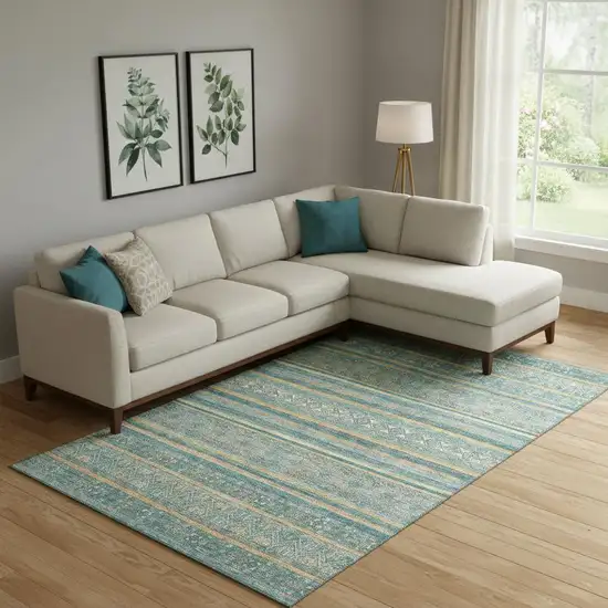 Teal Gold And Blue Striped Washable Area Rug With UV Protection Photo 2