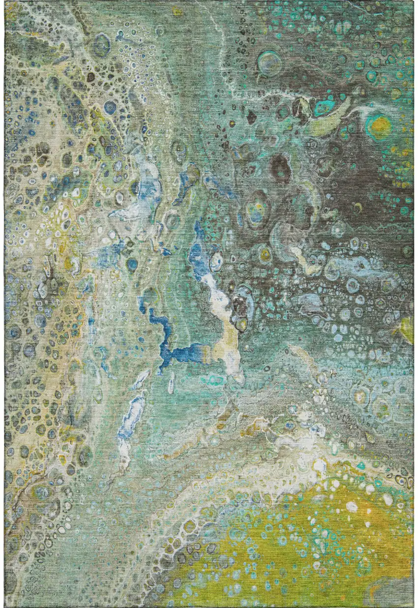Teal Gold And Gray Abstract Washable Area Rug With UV Protection Photo 1