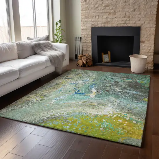 Teal Gold And Gray Abstract Washable Area Rug With UV Protection Photo 6