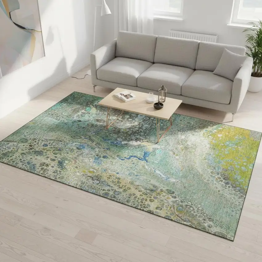 Teal Gold And Gray Abstract Washable Area Rug With UV Protection Photo 2