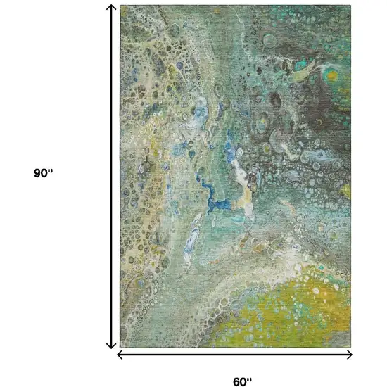 Teal Gold And Gray Abstract Washable Area Rug With UV Protection Photo 7