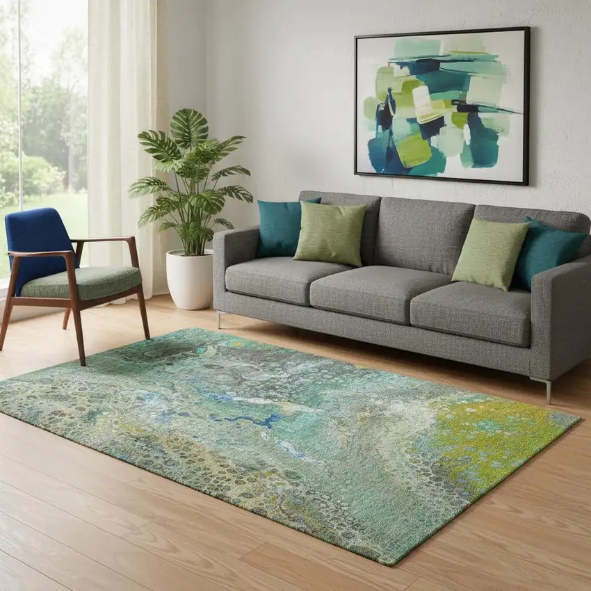 Teal Gold And Gray Abstract Washable Area Rug With UV Protection Photo 1
