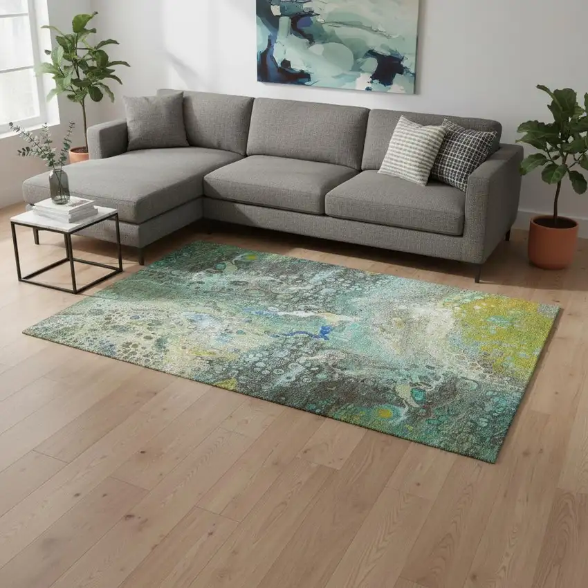 Teal Gold And Gray Abstract Washable Area Rug With UV Protection Photo 2