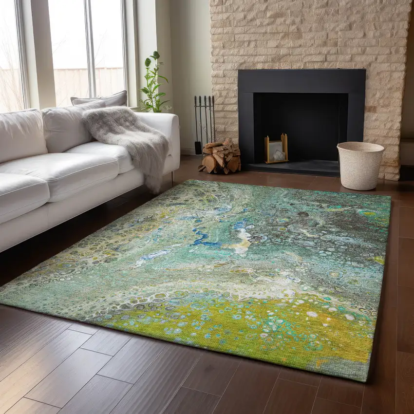 Teal Gold And Gray Abstract Washable Area Rug With UV Protection Photo 6