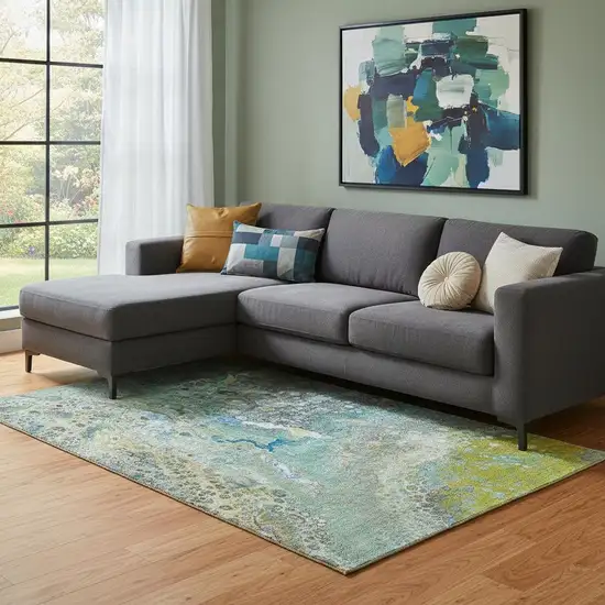 Teal Gold And Gray Abstract Washable Area Rug With UV Protection Photo 1