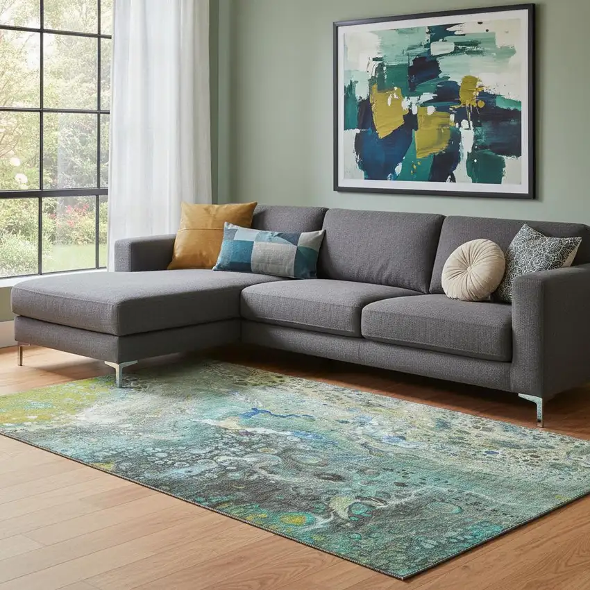 Teal Gold And Gray Abstract Washable Area Rug With UV Protection Photo 1