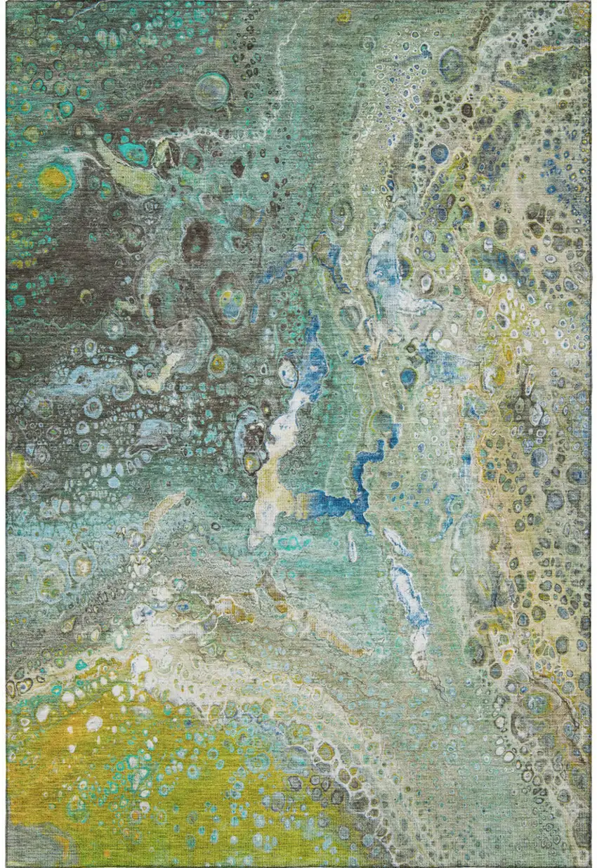 Teal Gold And Gray Abstract Washable Area Rug With UV Protection Photo 4