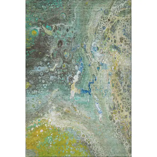 Teal Gold And Gray Abstract Washable Area Rug With UV Protection Photo 3