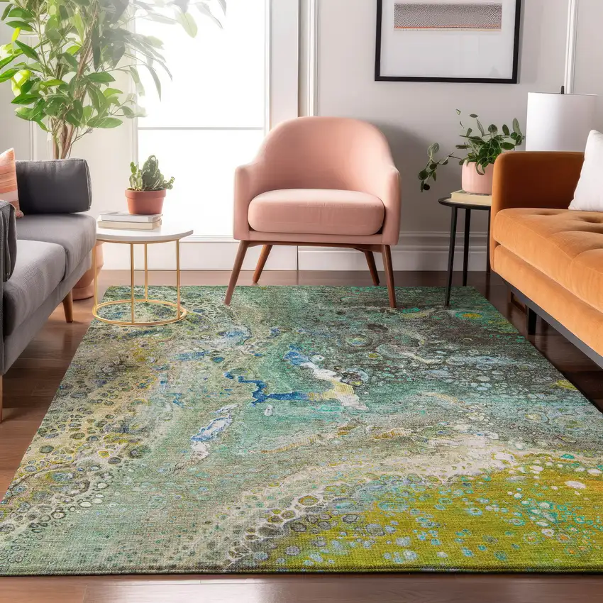 Teal Gold And Gray Abstract Washable Area Rug With UV Protection Photo 5